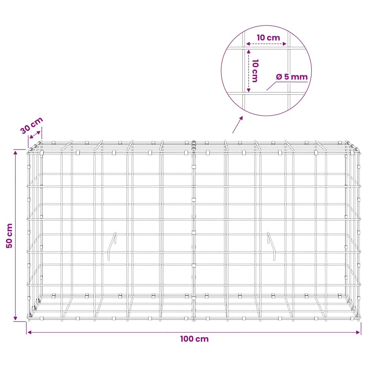 Gabion with 5 mm Wire and 10x10 cm Mesh 100x30x50 cm