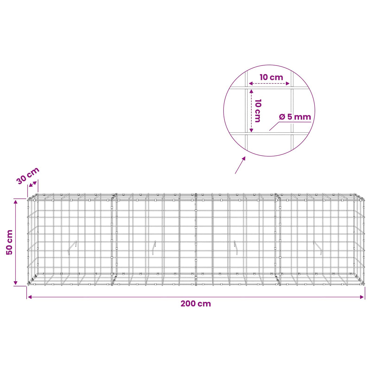 Gabion with 5 mm Wire and 10x10 cm Mesh 200x30x50 cm