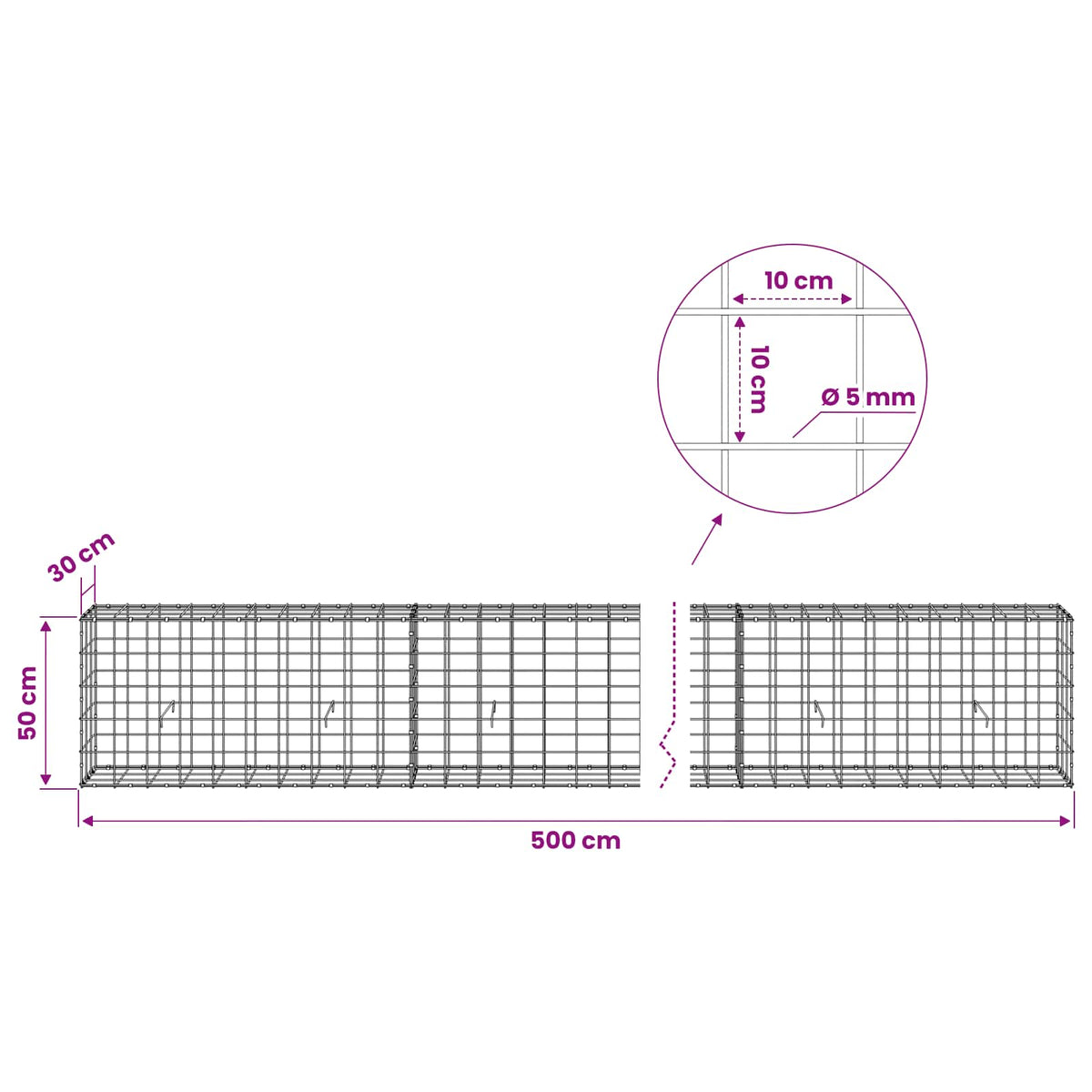 Gabion with 5 mm Wire and 10x10 cm Mesh 500x30x50 cm