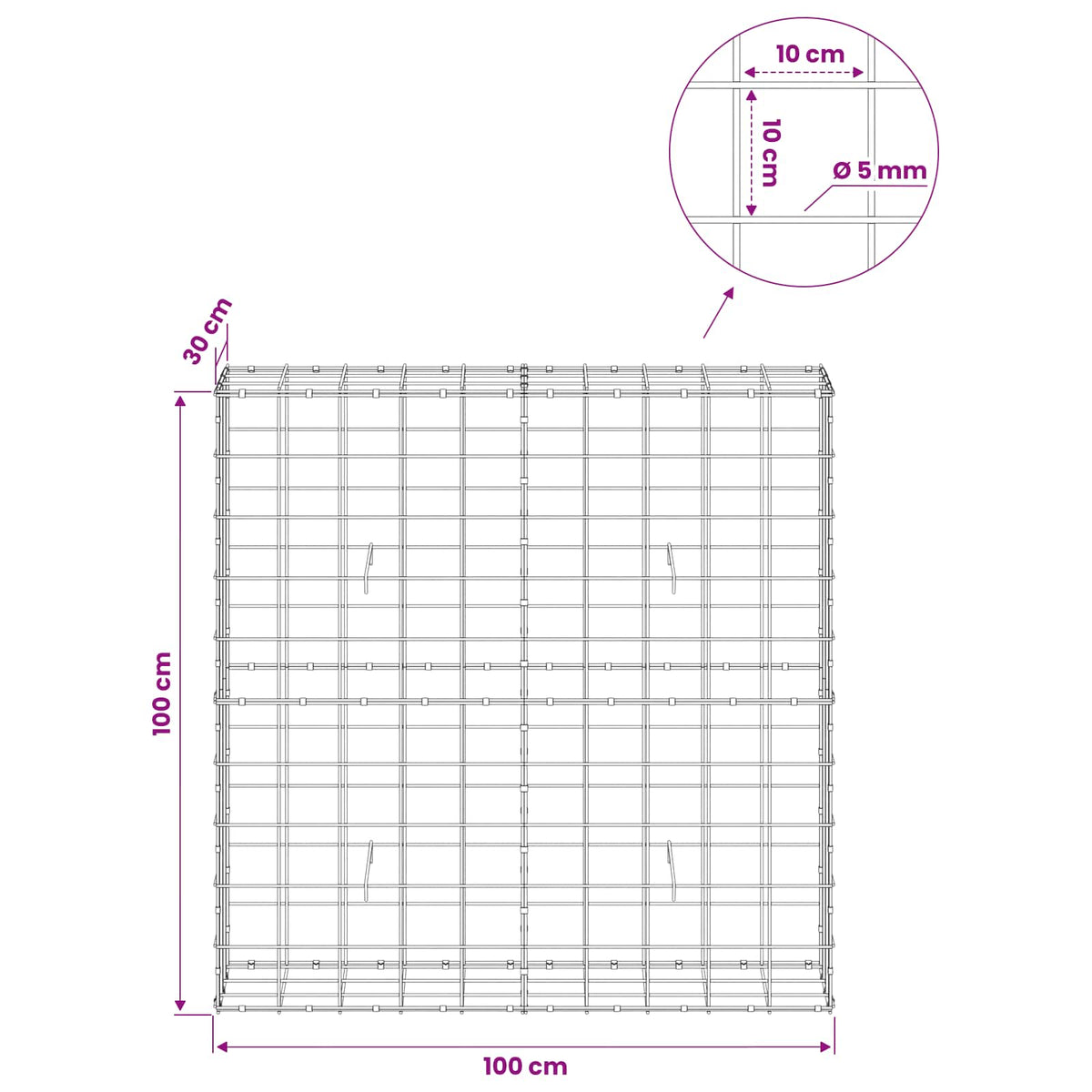 Gabion with 5 mm Wire and 10x10 cm Mesh 100x30x100 cm