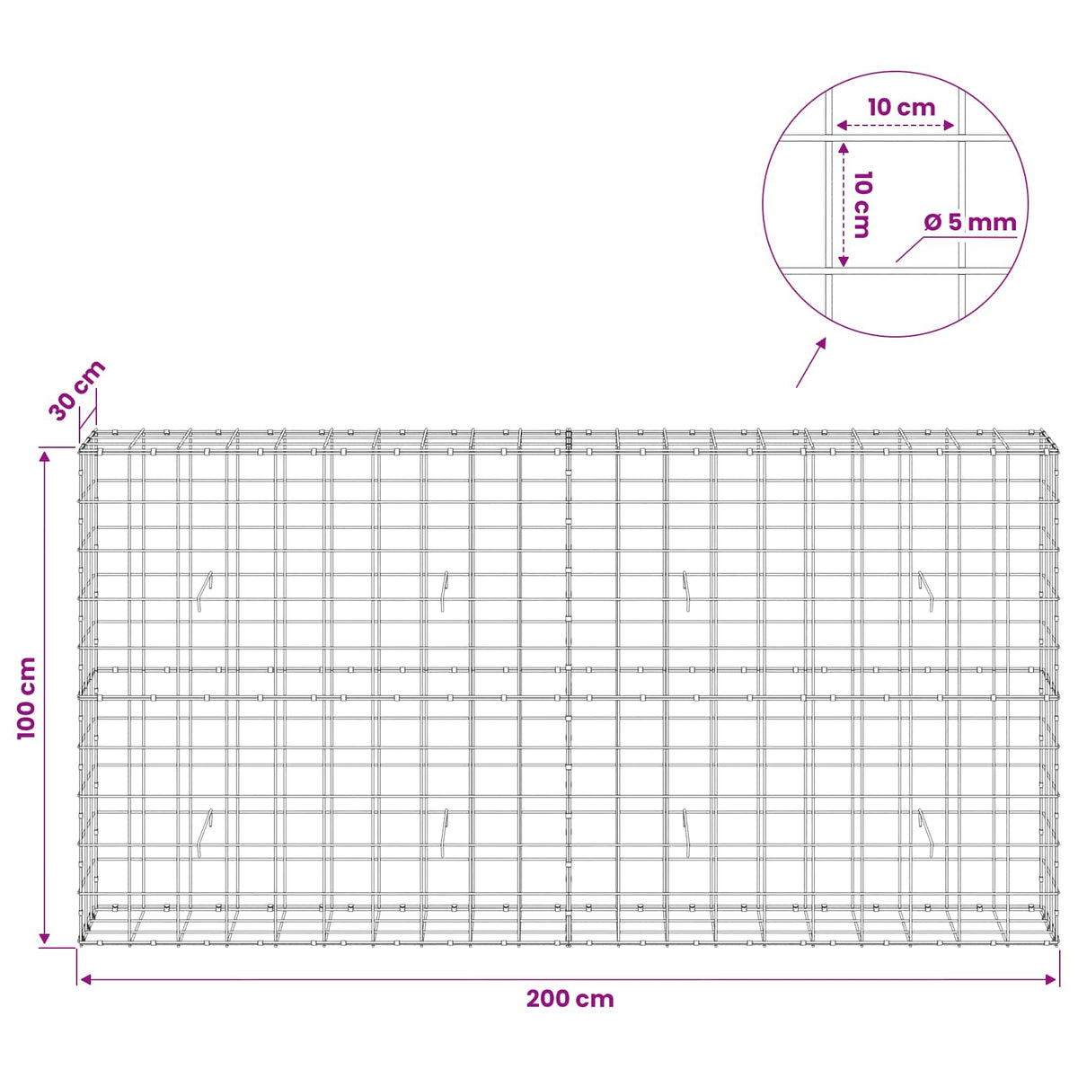 Gabion with 5 mm Wire and 10x10 cm Mesh 200x30x100 cm