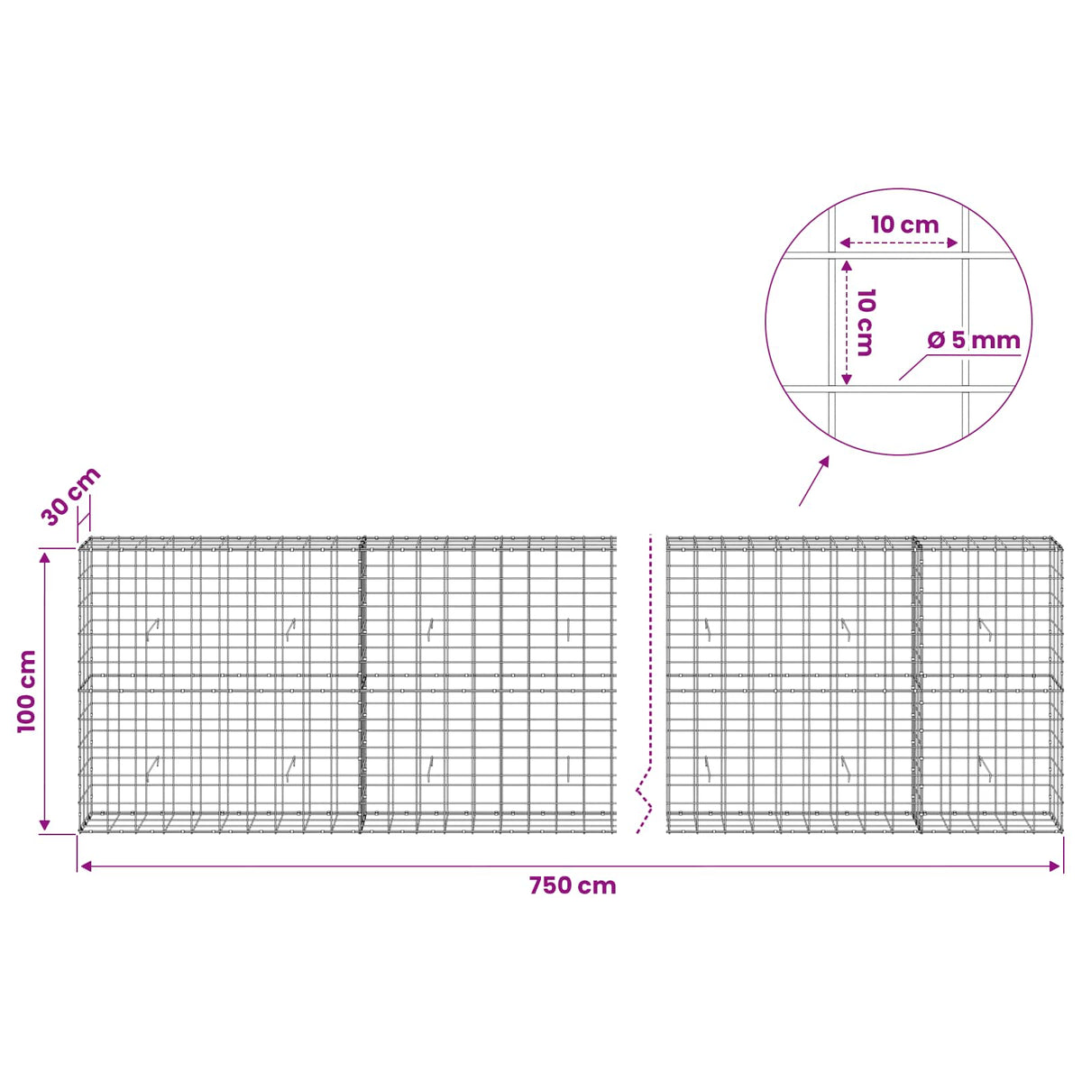 Gabion with 5 mm Wire and 10x10 cm Mesh 750x30x100 cm