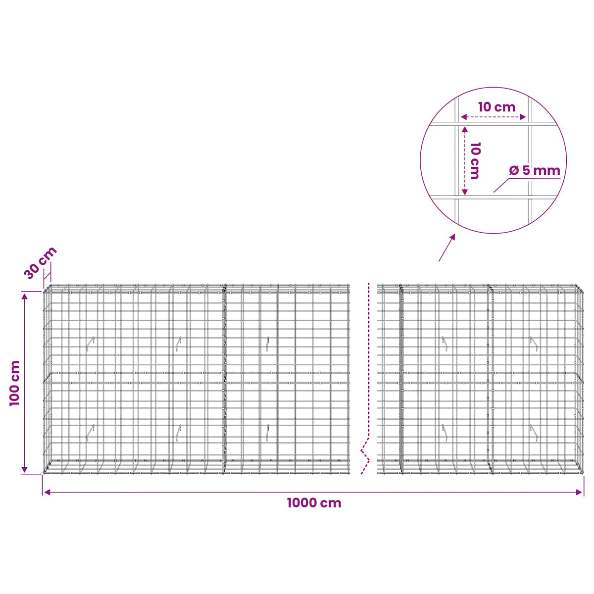 Gabion with 5 mm Wire and 10x10 cm Mesh 1000x30x100 cm