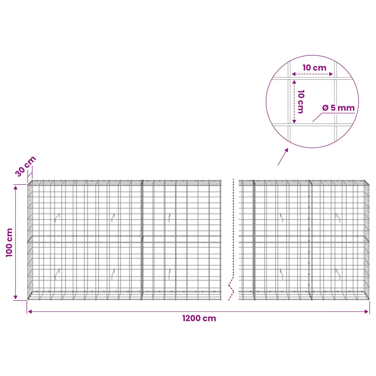 Gabion with 5 mm Wire and 10x10 cm Mesh 1200x30x100 cm