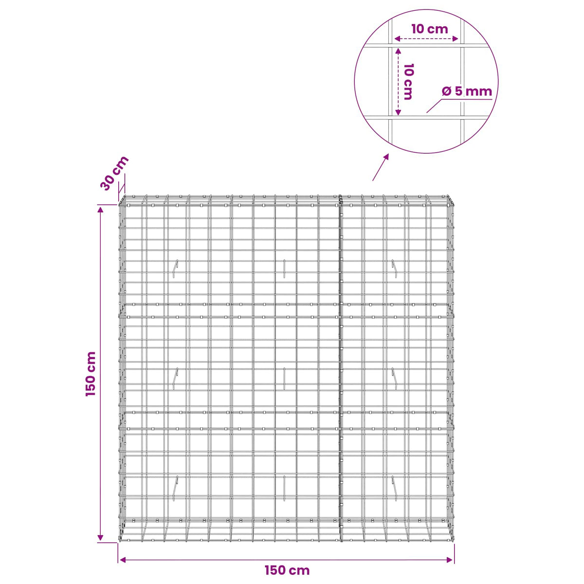 Gabion with 5 mm Wire and 10x10 cm Mesh 150x30x150 cm
