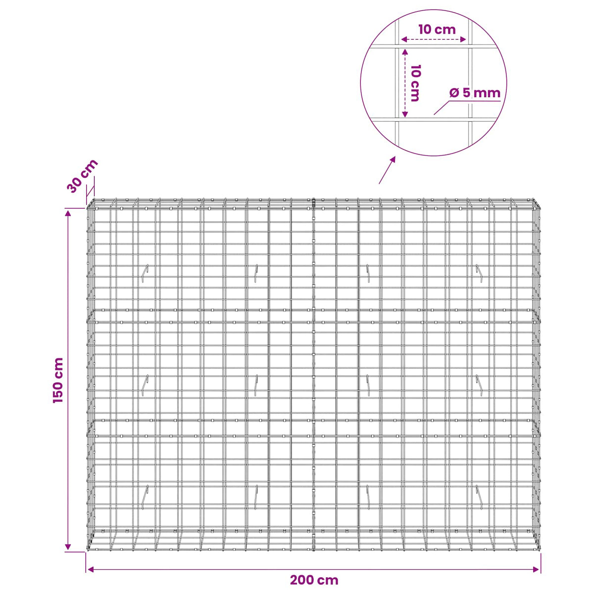 Gabion with 5 mm Wire and 10x10 cm Mesh 200x30x150 cm