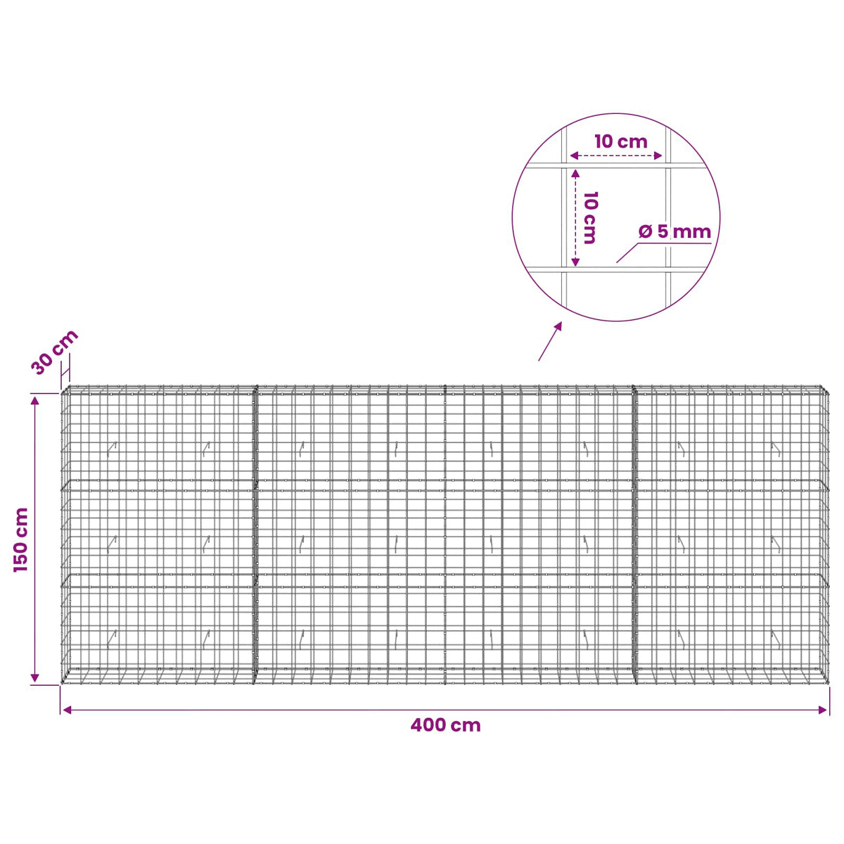 Gabion with 5 mm Wire and 10x10 cm Mesh 400x30x150 cm