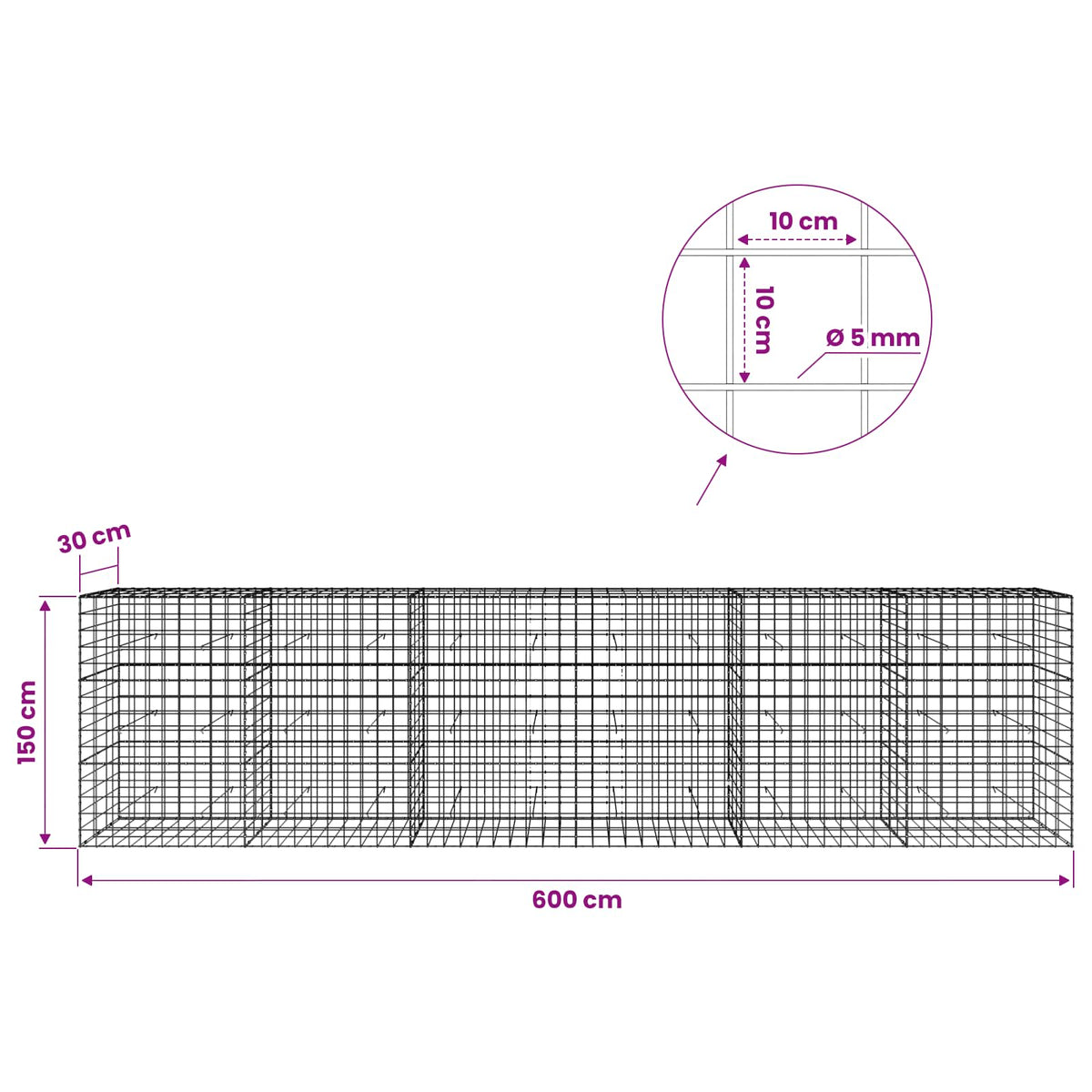 Gabion with 5 mm Wire and 10x10 cm Mesh 600x30x150 cm