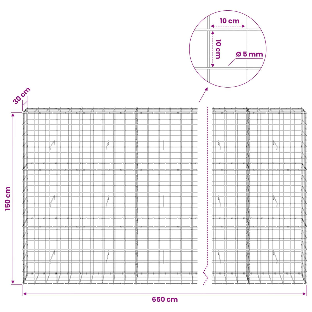 Gabion with 5 mm Wire and 10x10 cm Mesh 650x30x150 cm