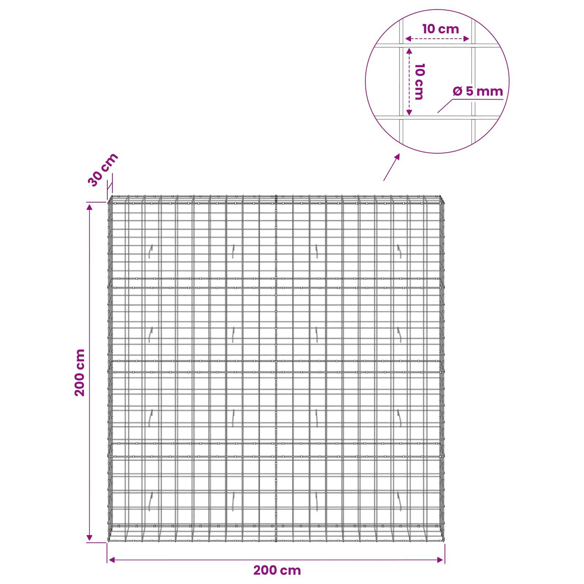 Gabion with 5 mm Wire and 10x10 cm Mesh 200x30x200 cm