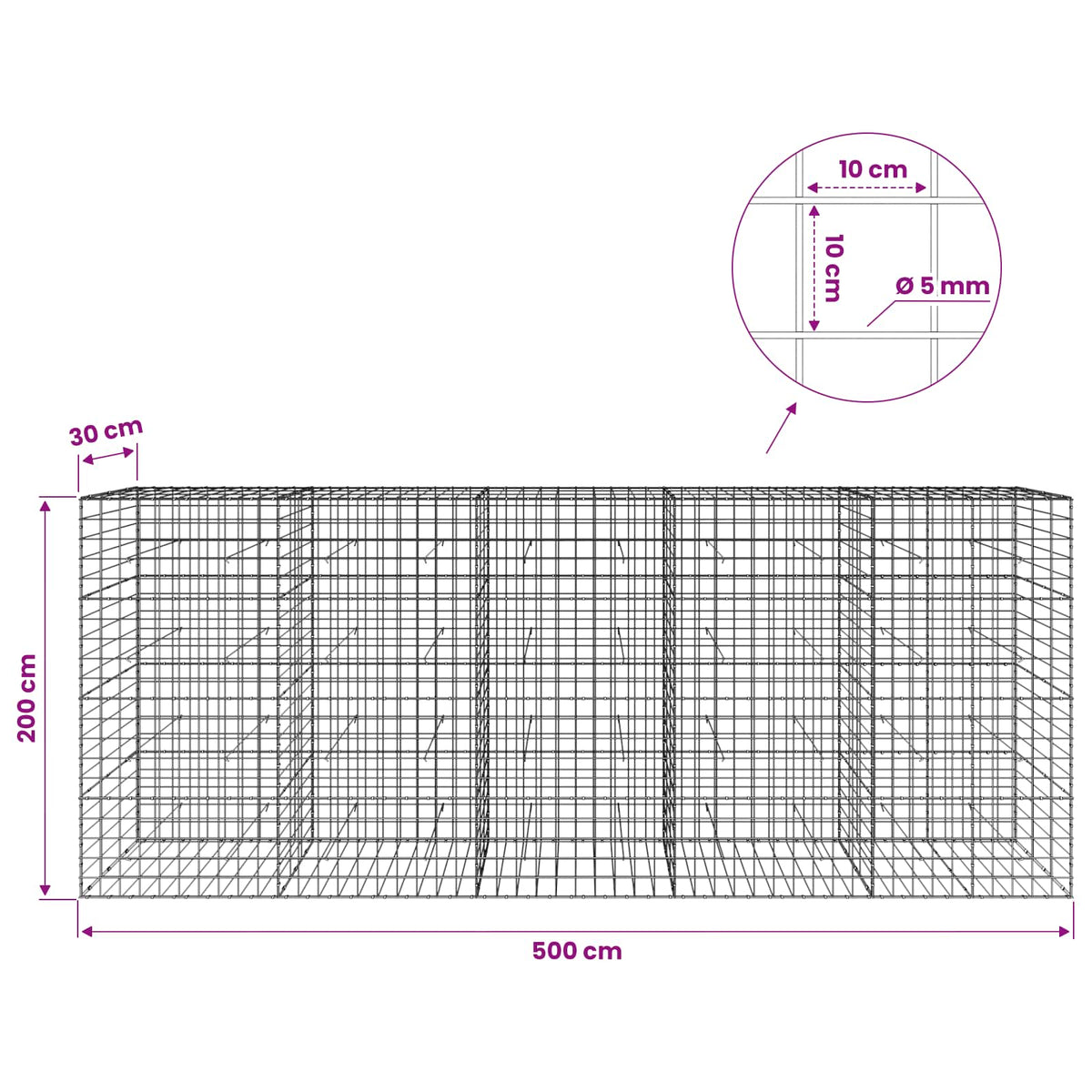 Gabion with 5 mm Wire and 10x10 cm Mesh 500x30x200 cm