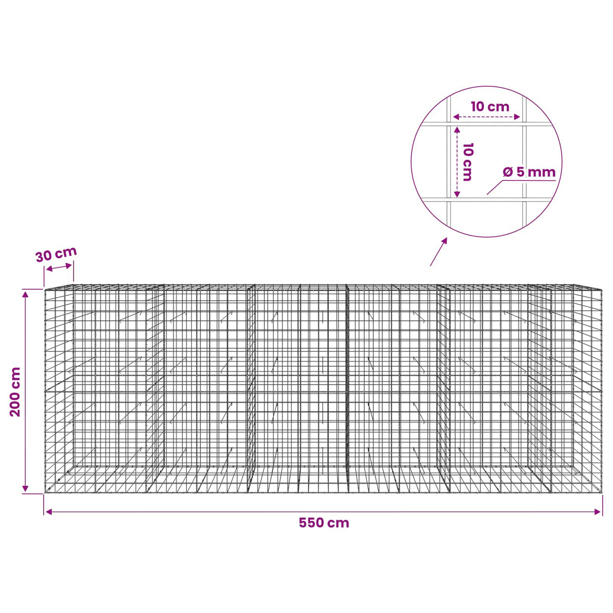 Gabion with 5 mm Wire and 10x10 cm Mesh 550x30x200 cm