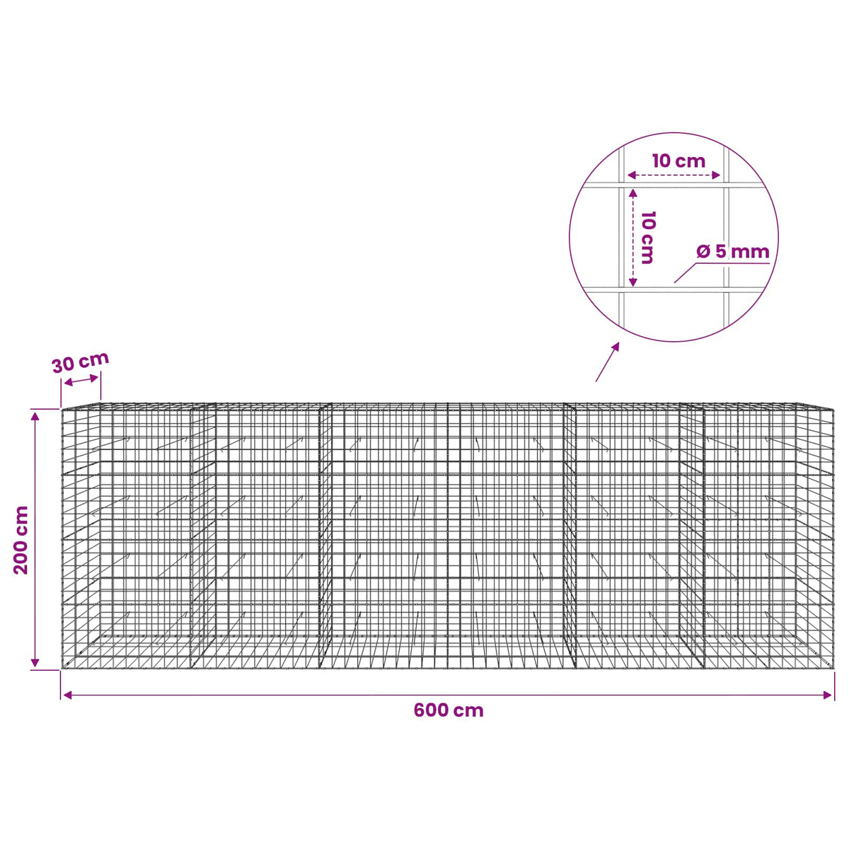 Gabion with 5 mm Wire and 10x10 cm Mesh 600x30x200 cm