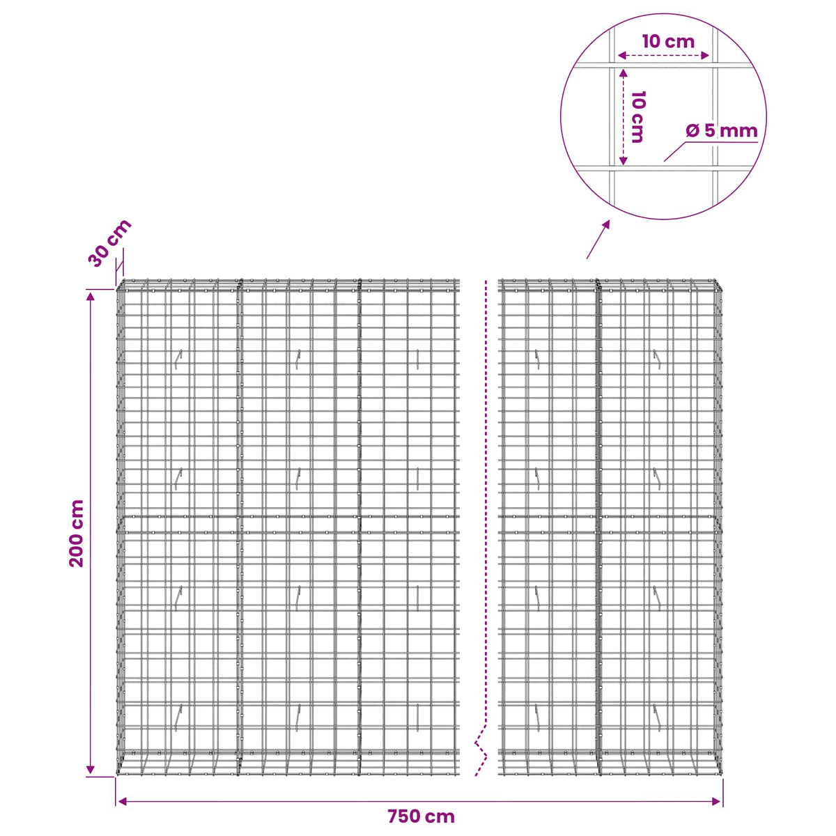 Gabion with 5 mm Wire and 10x10 cm Mesh 750x30x200 cm