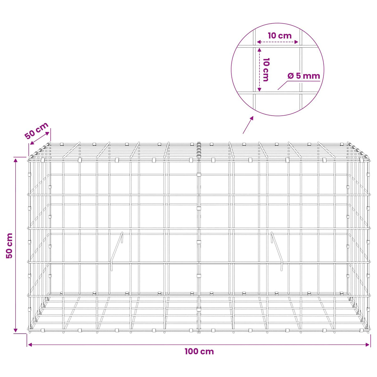 Gabion with 5 mm Wire and 10x10 cm Mesh 100x50x50 cm
