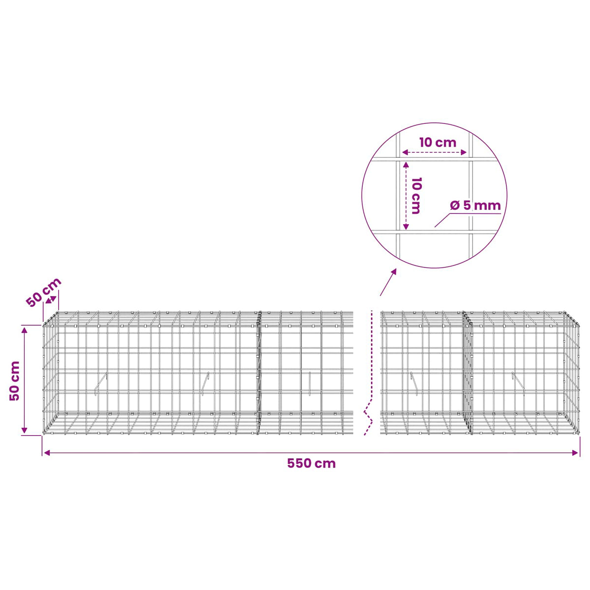 Gabion with 5 mm Wire and 10x10 cm Mesh 550x50x50 cm