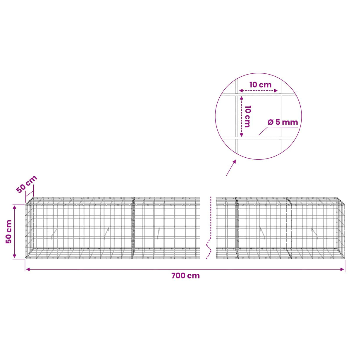 Gabion with 5 mm Wire and 10x10 cm Mesh 700x50x50 cm