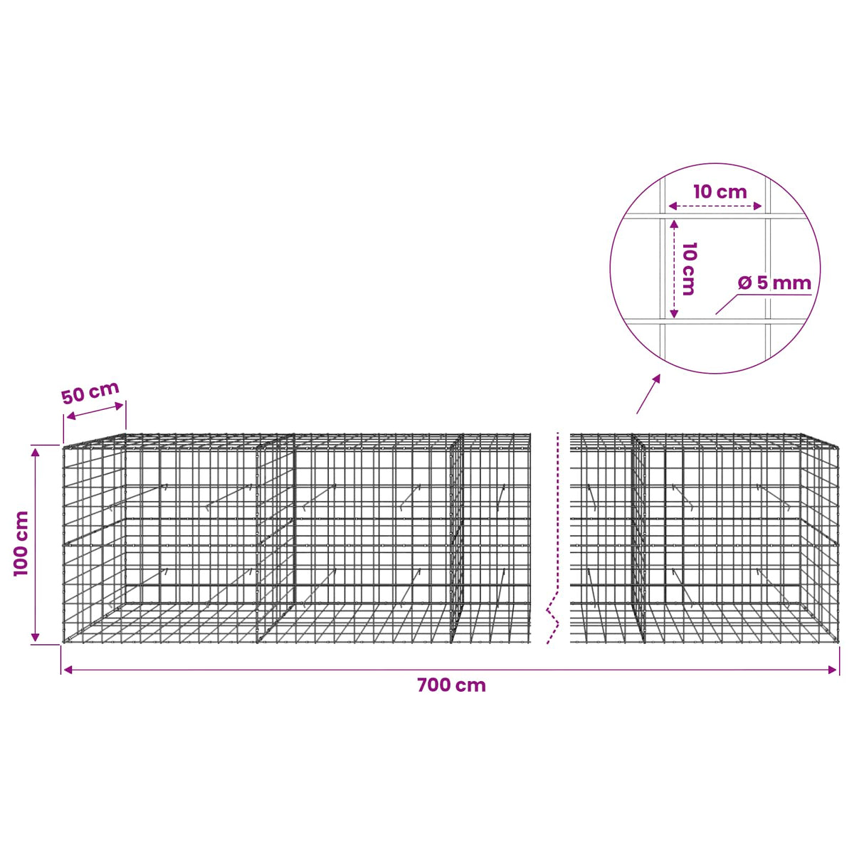 Gabion with 5 mm Wire and 10x10 cm Mesh 700x50x100 cm