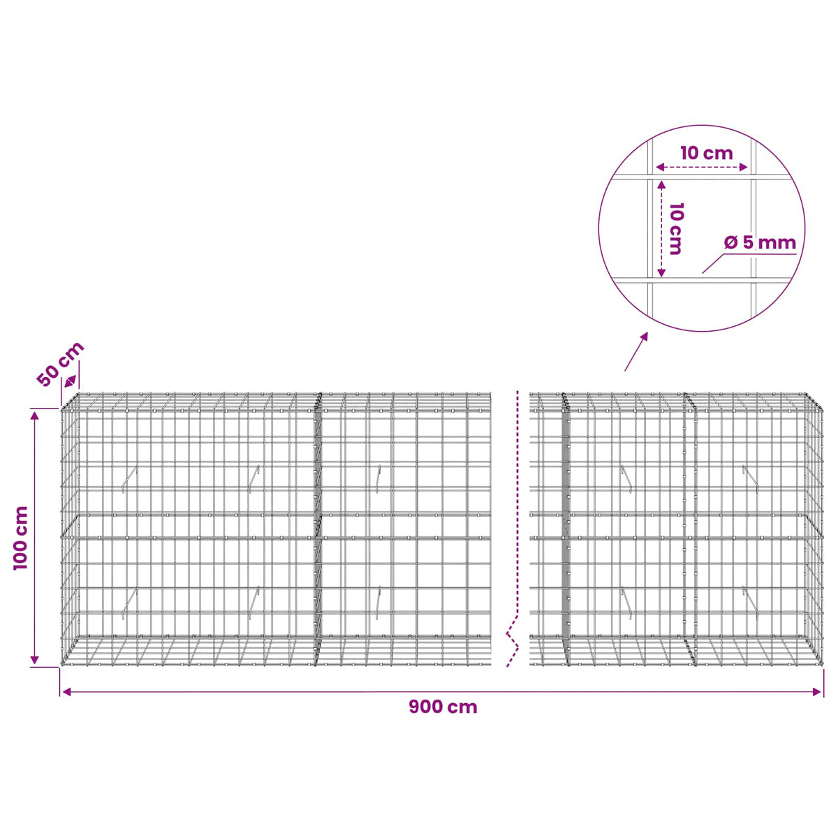 Gabion with 5 mm Wire and 10x10 cm Mesh 900x50x100 cm