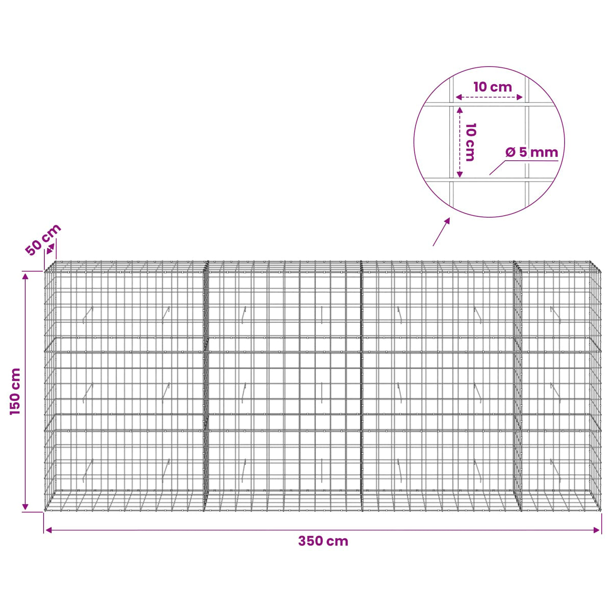 Gabion with 5 mm Wire and 10x10 cm Mesh 350x50x150 cm