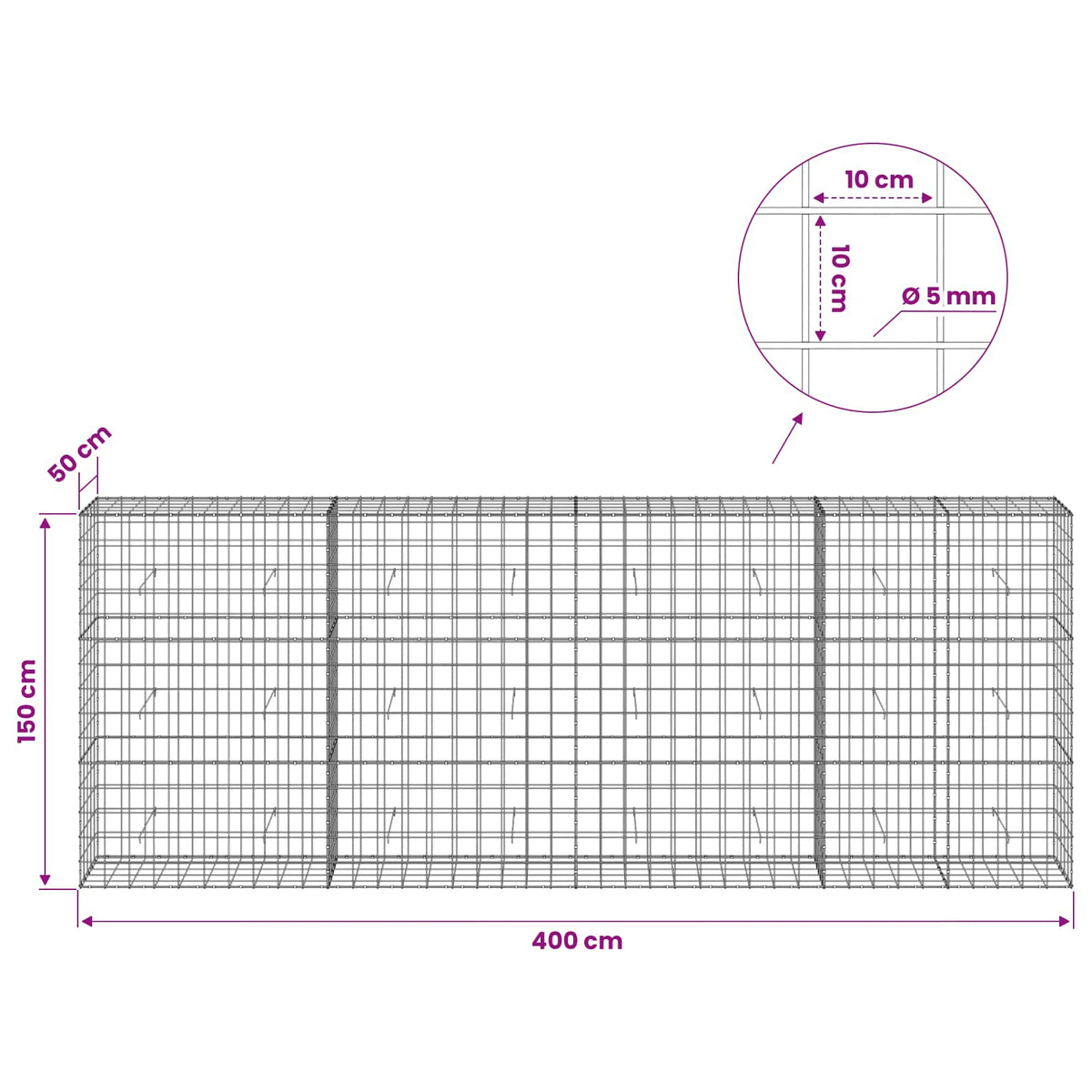 Gabion with 5 mm Wire and 10x10 cm Mesh 400x50x150 cm