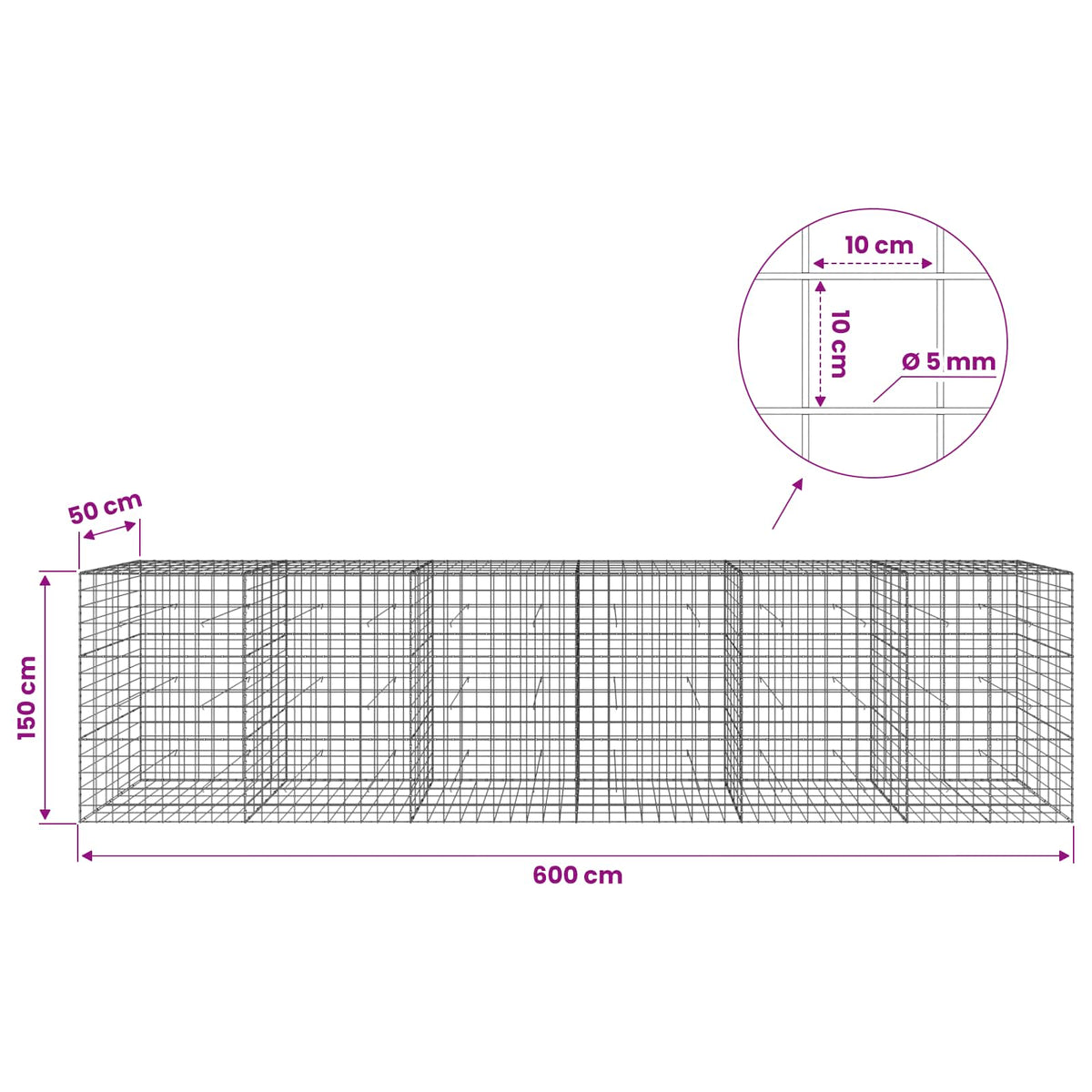 Gabion with 5 mm Wire and 10x10 cm Mesh 600x50x150 cm