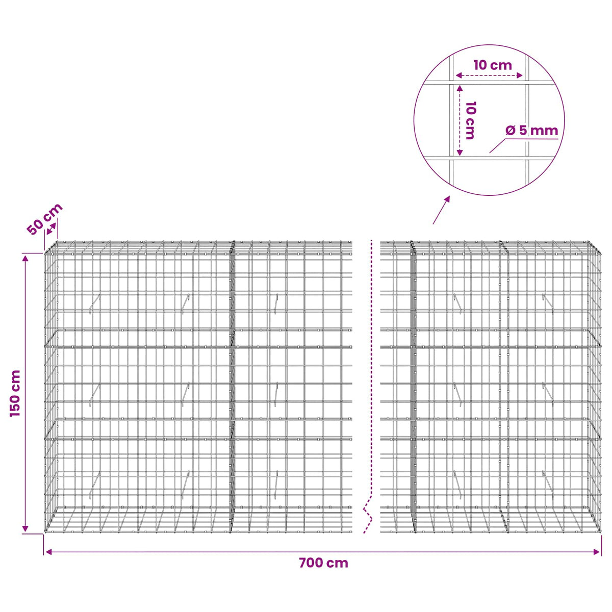 Gabion with 5 mm Wire and 10x10 cm Mesh 700x50x150 cm