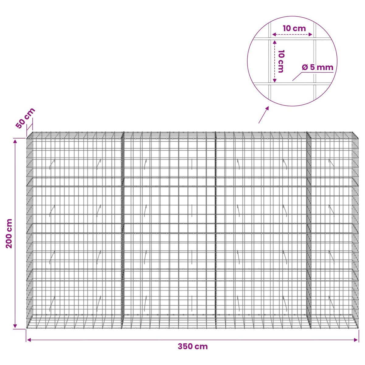 Gabion with 5 mm Wire and 10x10 cm Mesh 350x50x200 cm