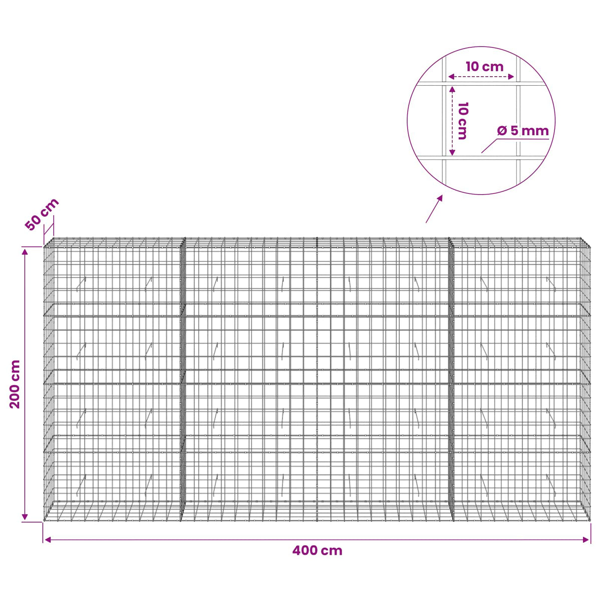 Gabion with 5 mm Wire and 10x10 cm Mesh 400x50x200 cm