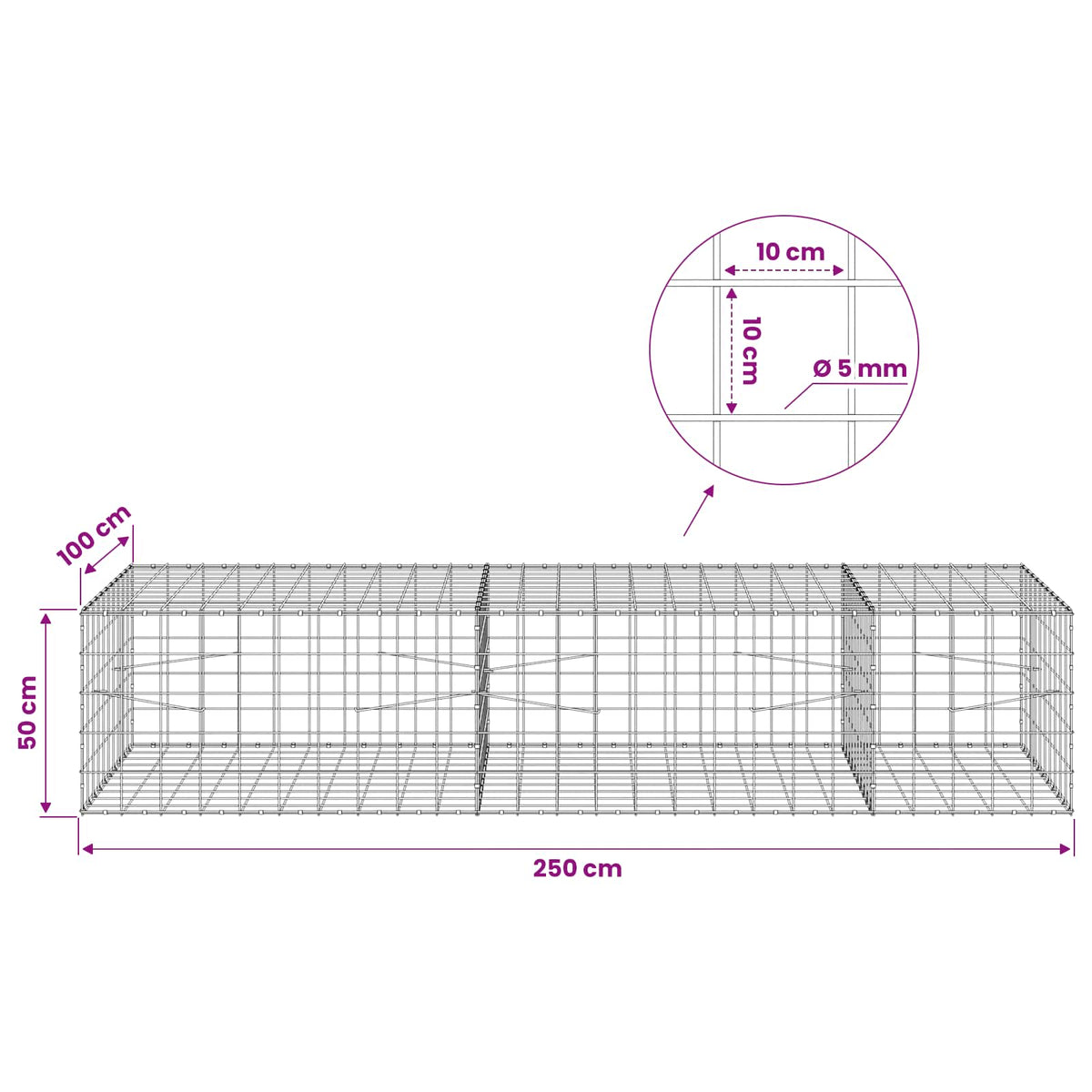 Gabion with 5 mm Wire and 10x10 cm Mesh 250x100x50 cm