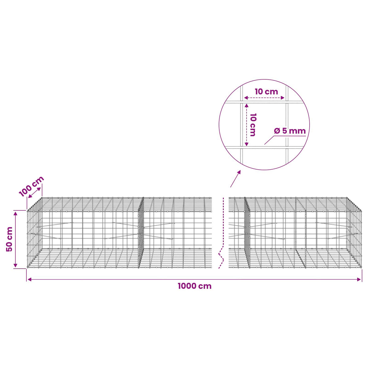 Gabion with 5 mm Wire and 10x10 cm Mesh 1000x100x50 cm