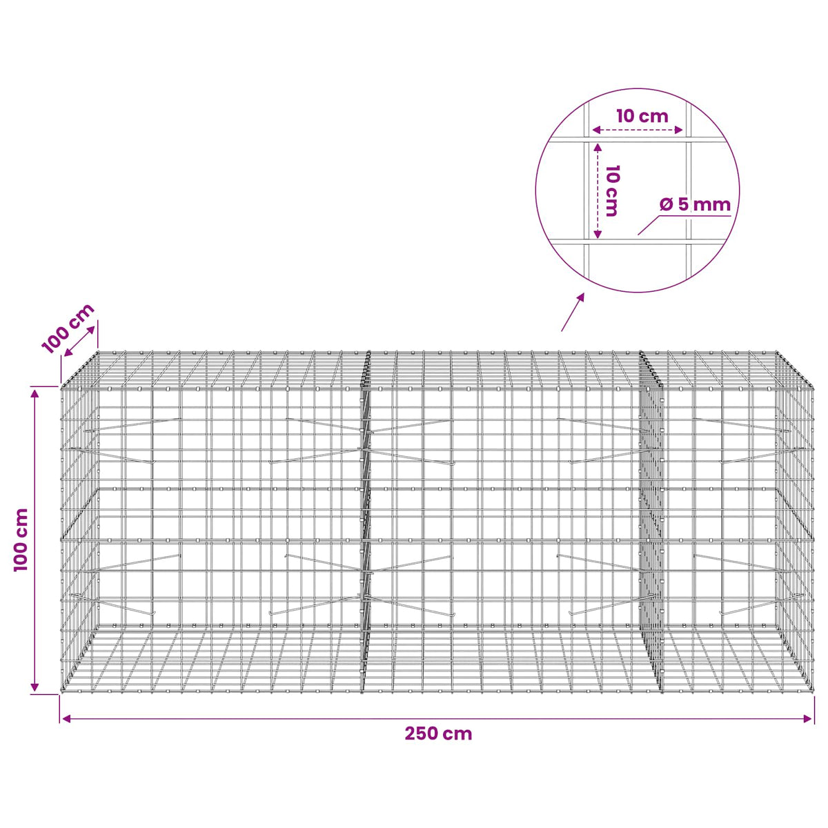 Gabion with 5 mm Wire and 10x10 cm Mesh 250x100x100 cm