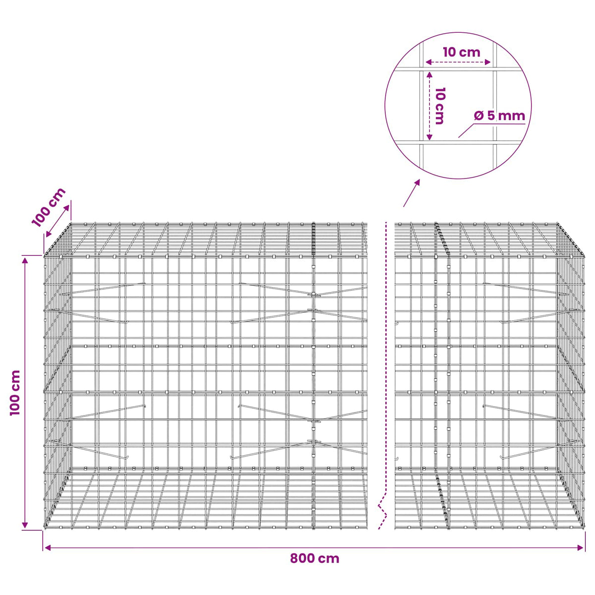 Gabion with 5 mm Wire and 10x10 cm Mesh 800x100x100 cm