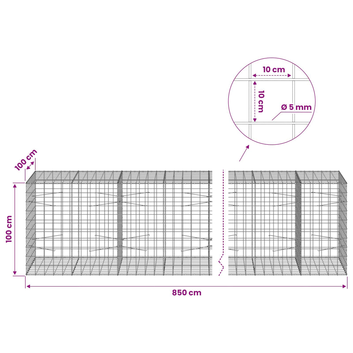 Gabion with 5 mm Wire and 10x10 cm Mesh 850x100x100 cm