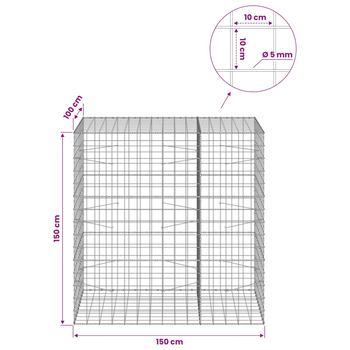 Gabion with 5 mm Wire and 10x10 cm Mesh 150x100x150 cm