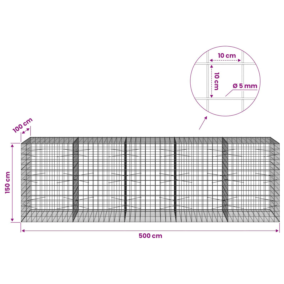 Gabion with 5 mm Wire and 10x10 cm Mesh 500x100x150 cm
