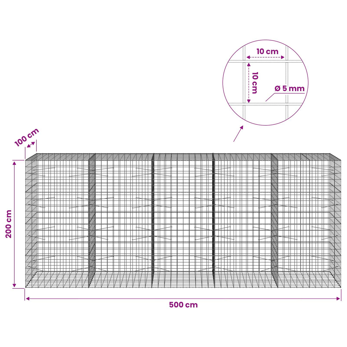Gabion with 5 mm Wire and 10x10 cm Mesh 500x100x200 cm