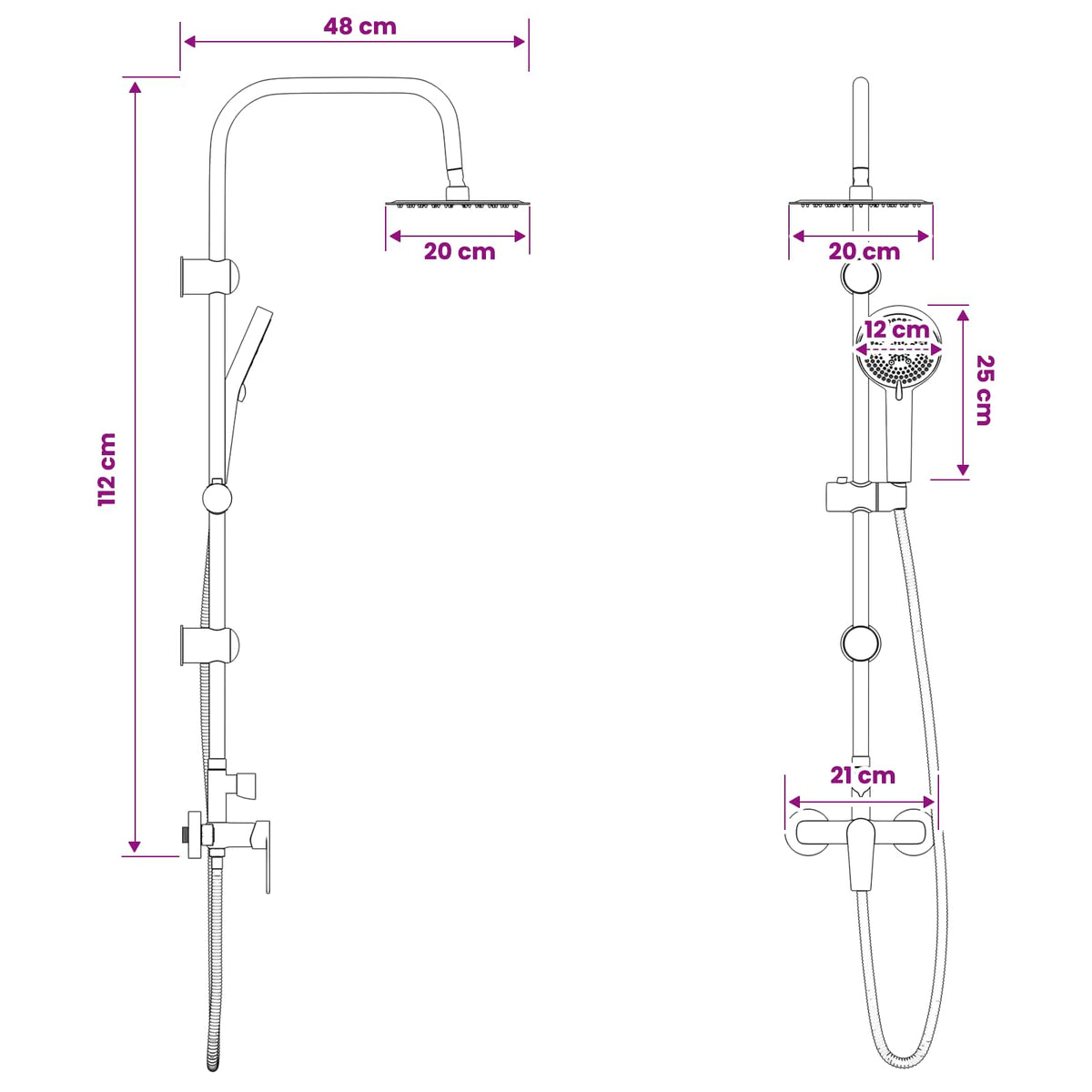 Shower System Black Stainless Steel 21 x 48 x 112 cm