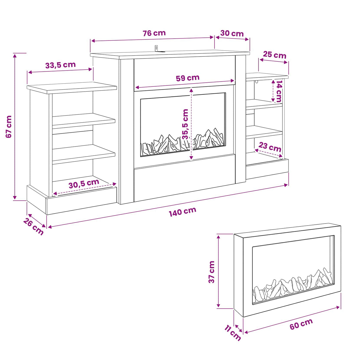 Electric Fireplace White 140 x 30 x 67 cm Engineered wood