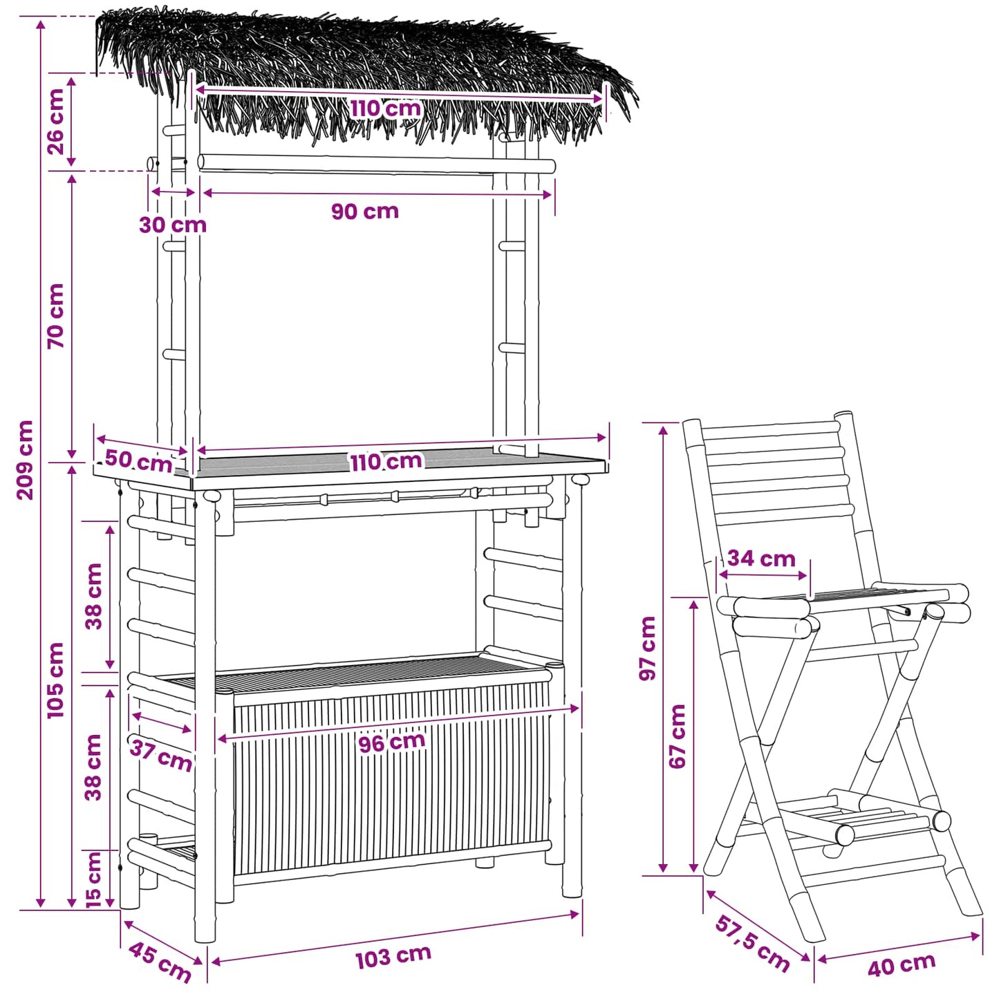 Outdoor Bar Table and Stools 3 pcs Natural Bamboo