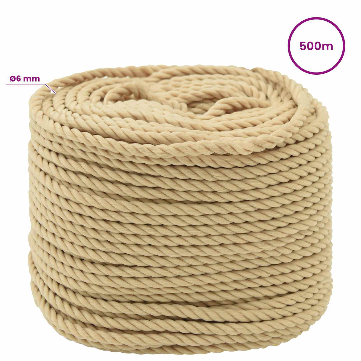 Multipurpose Utility Rope 6 mm 500 m Natural PP 240 kg Max Load