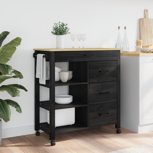 Kitchen Trolley MONZA Black 84 x 40 x 88.5 cm Solid Pine Wood Kitchen Trolley MONZA Black 84 x 40 x 88.5 cm Solid Pine Wood