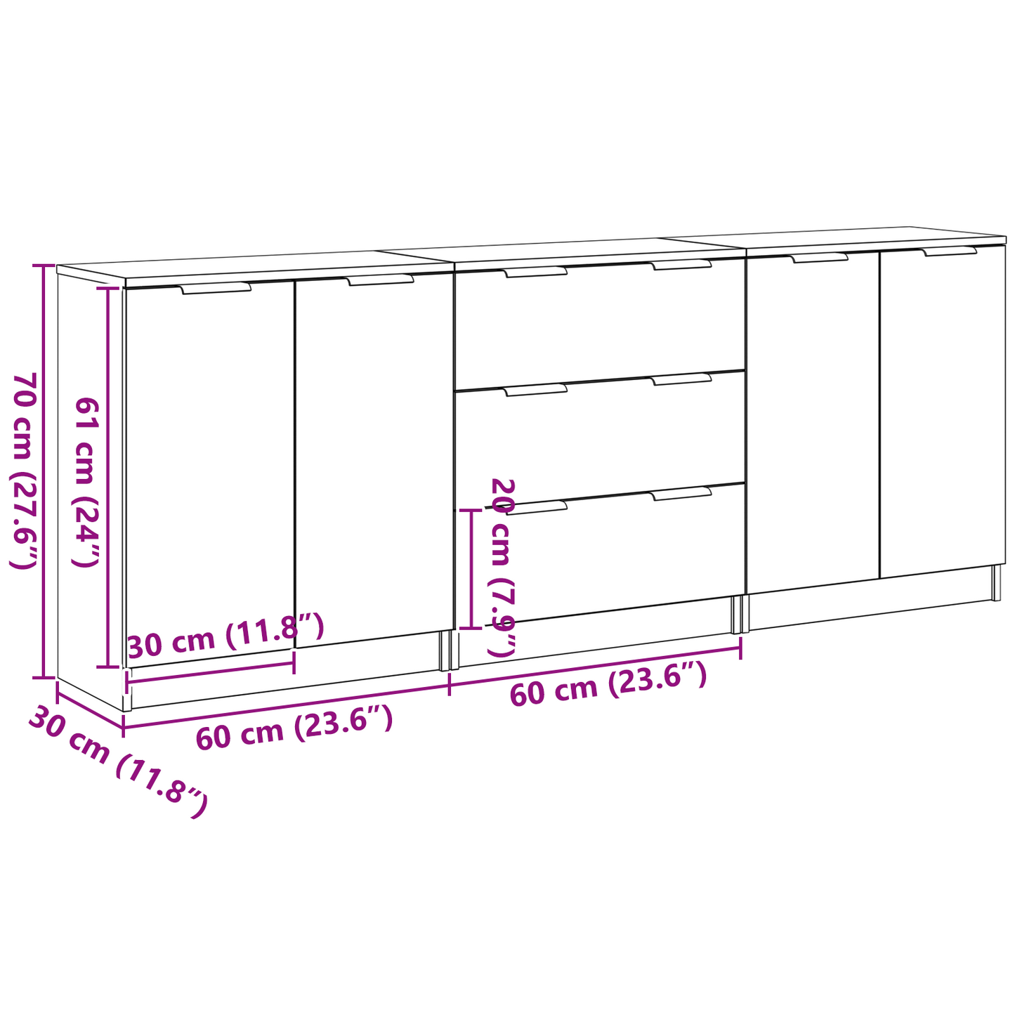 Sideboard 3 pcs Black Oak 180 x 30 x 70 cm Engineered Wood