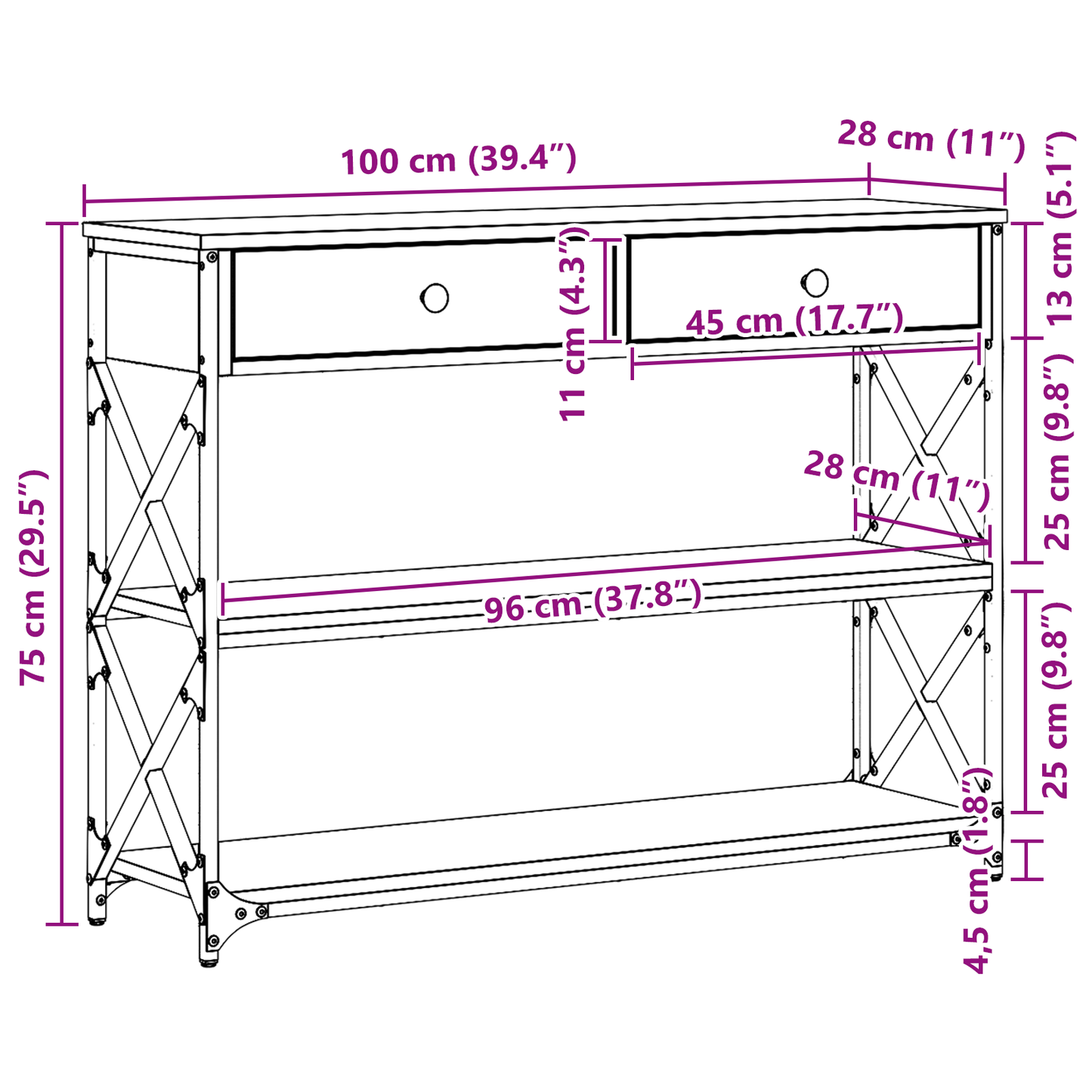 Console Table with Drawer with Shelf Black oak 100 x 28 x 75 cm