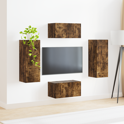 TV Cabinet Set Wall-mounted 2 pcs Smoked Oak Engineered Wood