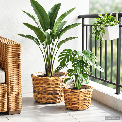Planter Basket with Storage 2 pcs Natural Brown Kubu Rattan
