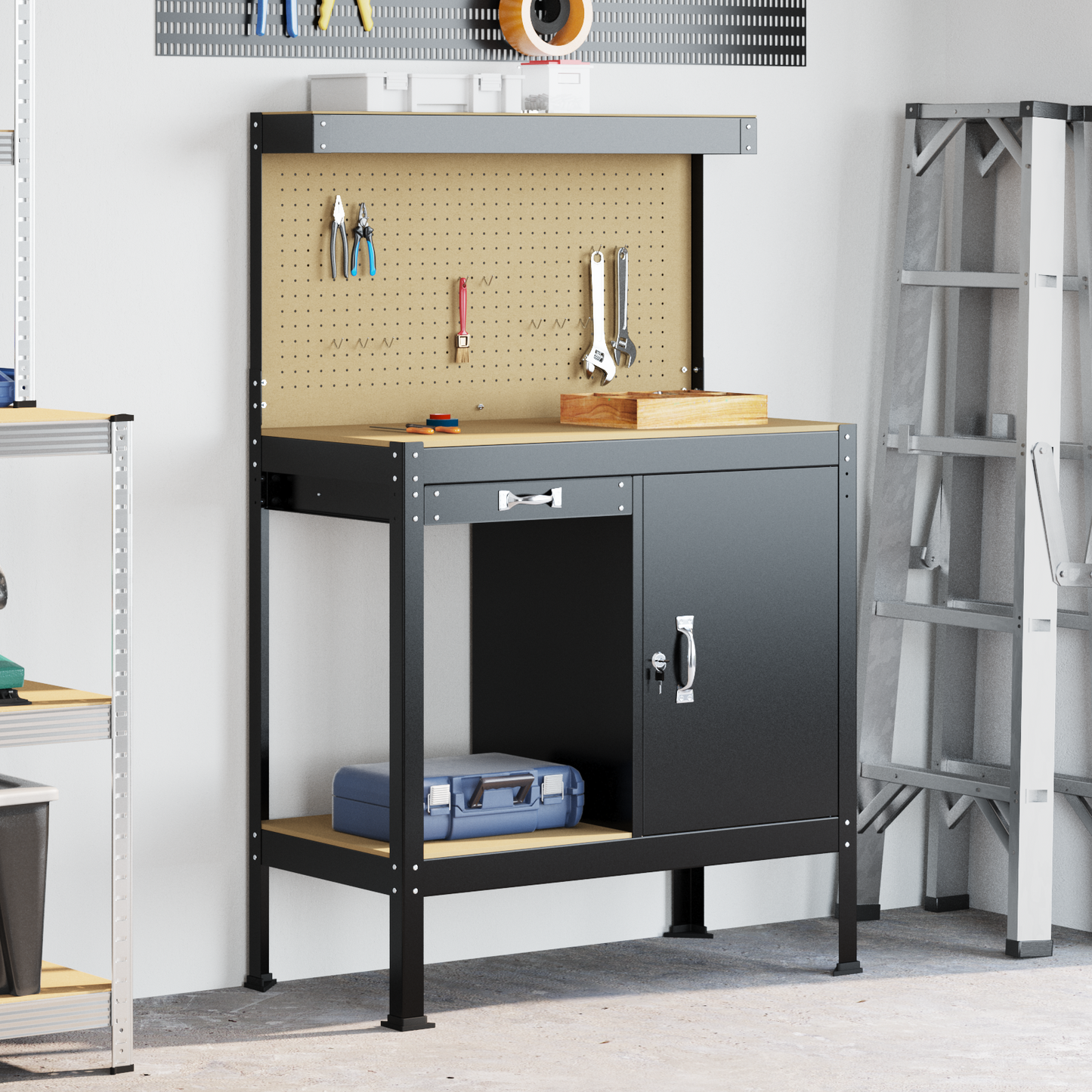 Workbench Black 90 x 49 x 141 cm Engineered Wood and Metal