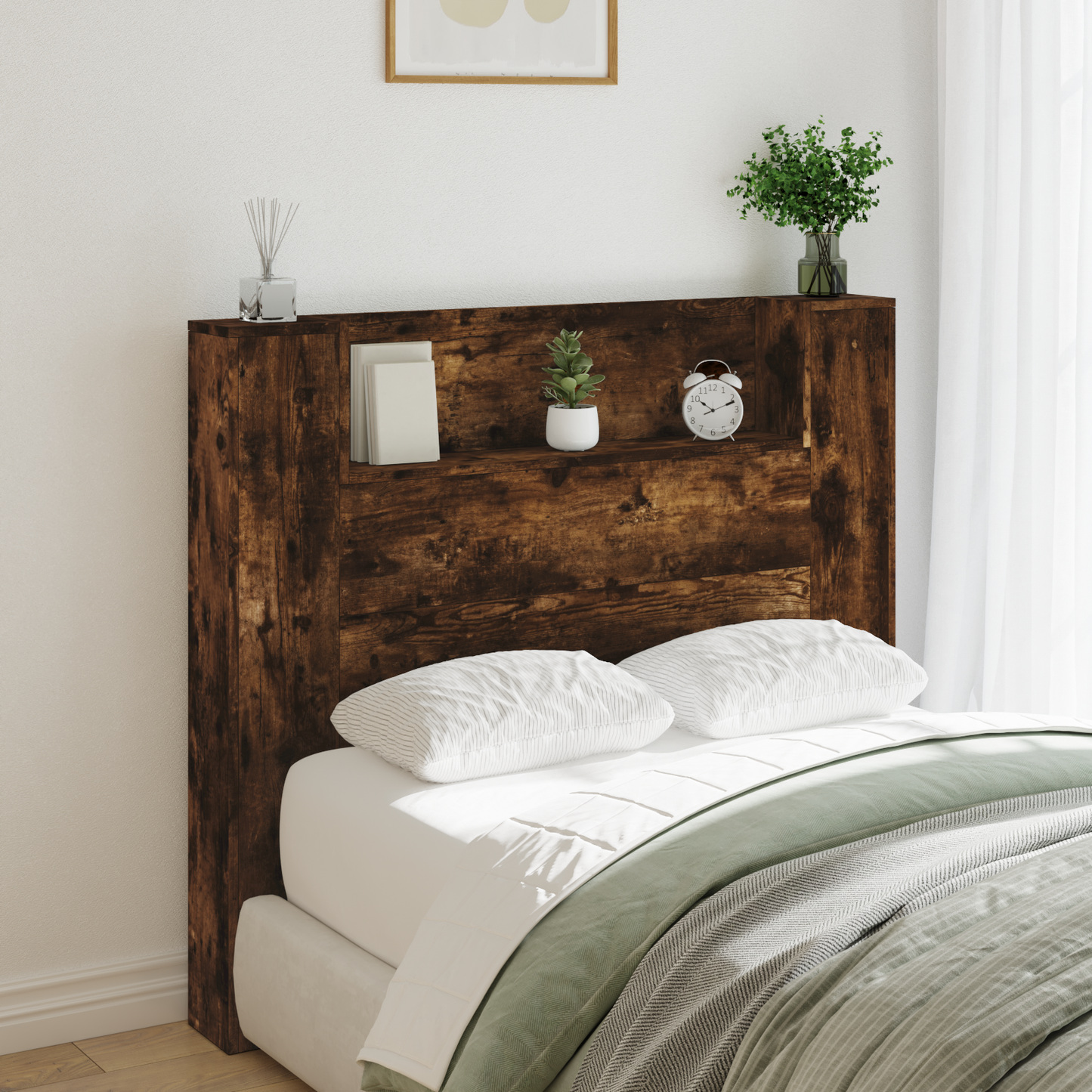 Storage Headboard with LED Smoked Oak Engineered Wood