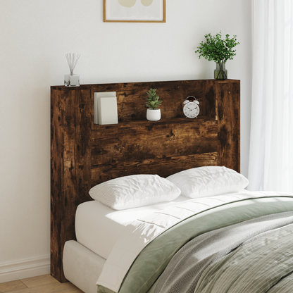 Storage Headboard with LED Smoked Oak Engineered Wood
