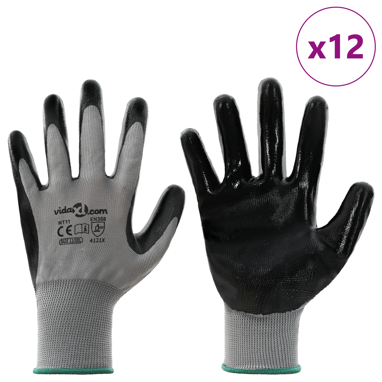 Work Gloves 12 pcs Grey and Black 11 / XXL Polyester